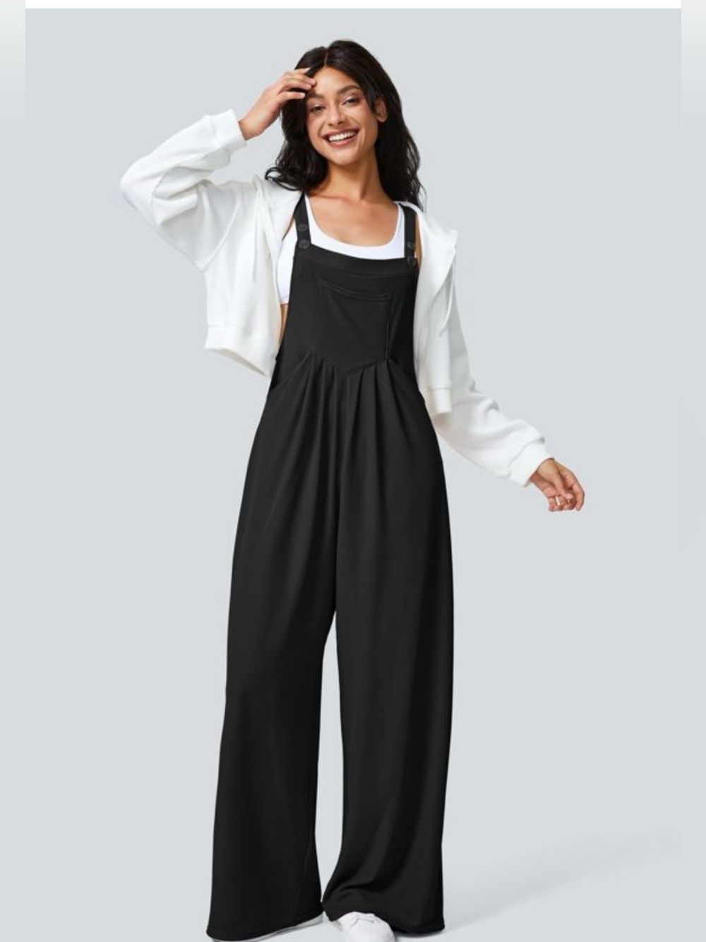 NEW, HALARA Black Wide Leg Overalls Waffle Knit Jumpsuit Pleated Front Pockets M